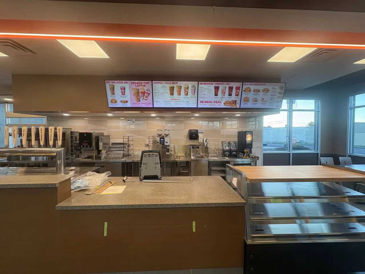 Counter and menu boards in a newly built Dunkin (Bethlehem, PA)