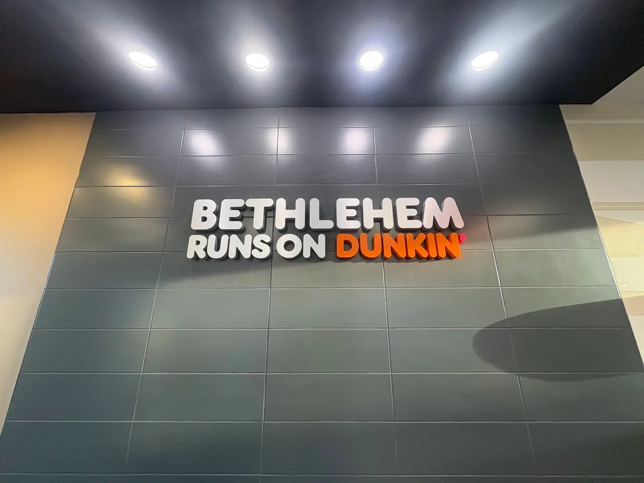 Illuminated wall sign in a newly built Dunkin (Bethlehem, PA)