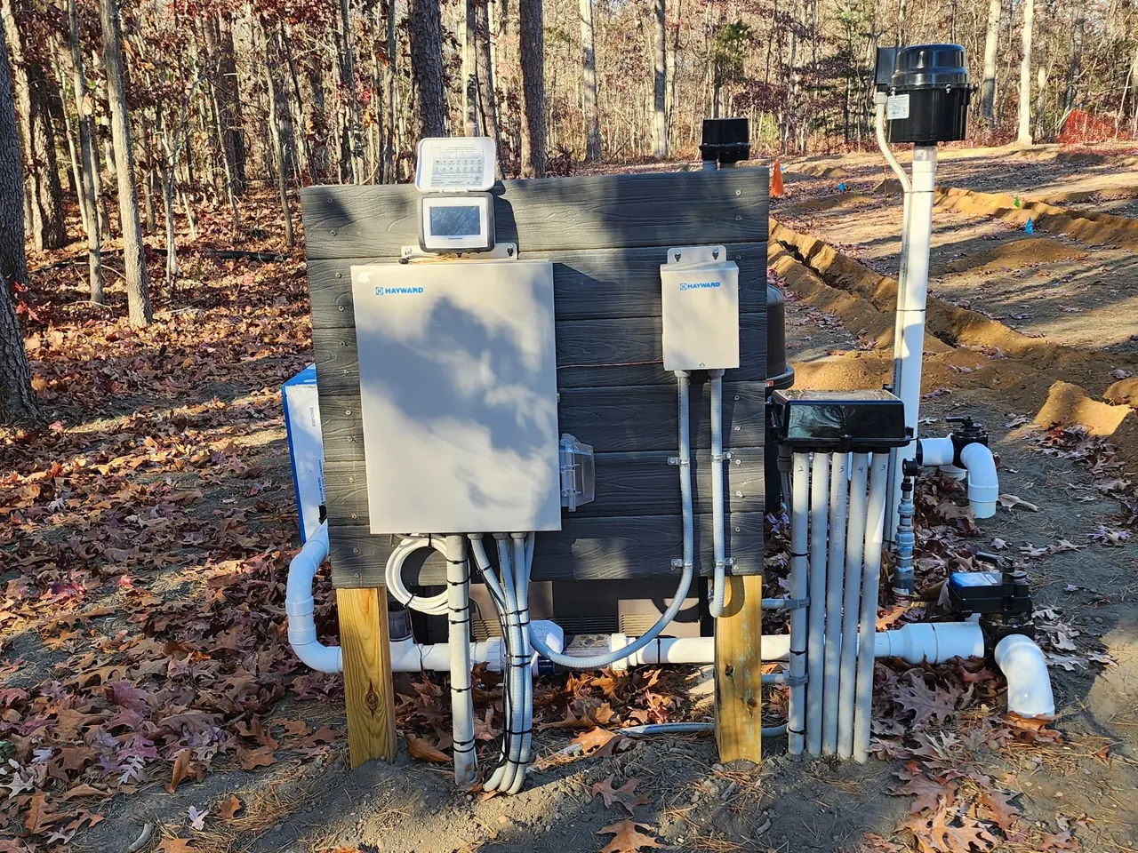Pool equipment rack with electrical enclosures, pump and plumbing